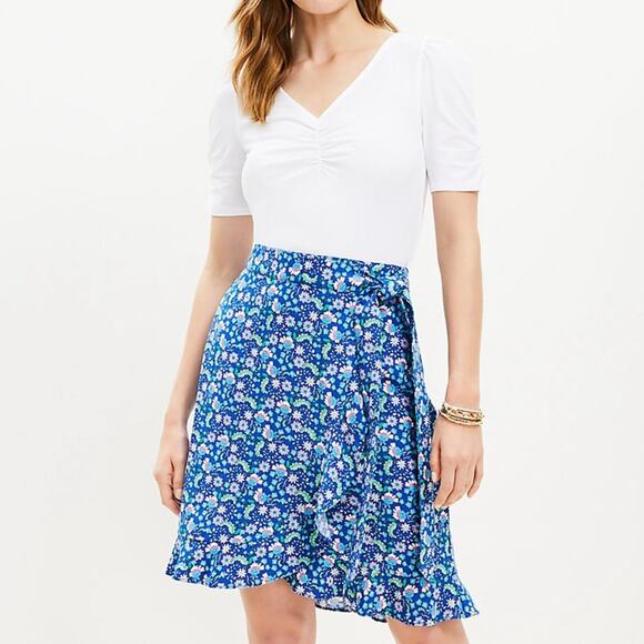 NWT LOFT Linen Blend Floral Ruffle Wrap Skirt - Size 00 Petite - Picture 1 of 10